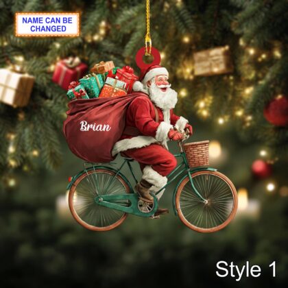 Custom Name Santa Drives Bicycle Personalized Ornament – Christmas Tree Hanging Decor