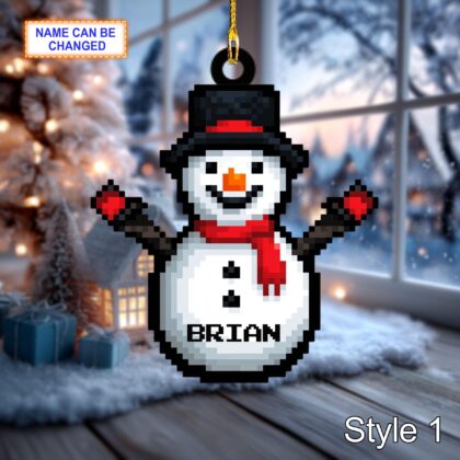 Custom Name Pixel Snowman Personalized Ornament – Christmas Tree Hanging Decor