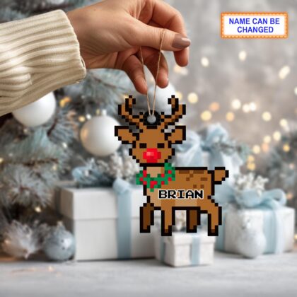 Alternative view of Custom Name Pixel Reindeer Personalized Ornament – Christmas Tree Hanging Decor