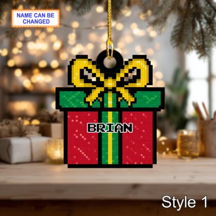Custom Name Pixel Gift Box Personalized Ornament – Christmas Tree Hanging Decor