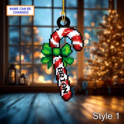 Custom Name Pixel Candy Cane Personalized Ornament – Christmas Tree Hanging Decor