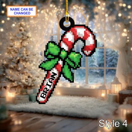 Custom Name Pixel Candy Cane Personalized Ornament – Christmas Tree Hanging Decor - Image 6