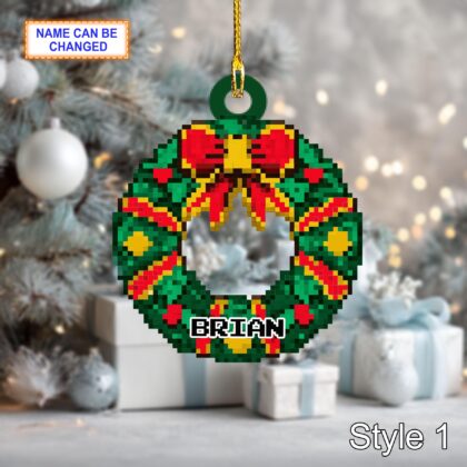 Custom Name Pixel Wreath Personalized Ornament – Christmas Tree Hanging Decor