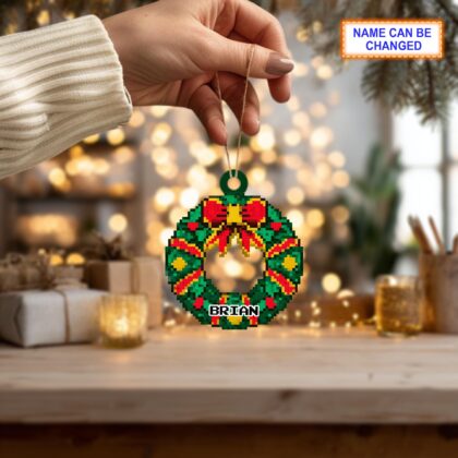 Custom Name Pixel Wreath Personalized Ornament – Christmas Tree Hanging Decor - Image 3