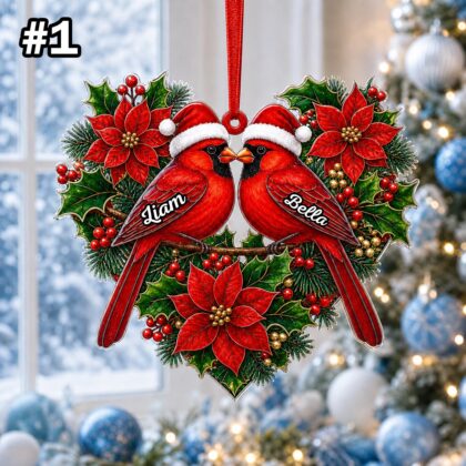 Custom Name Couple Cardinal Heart Personalized Ornament - Image 3
