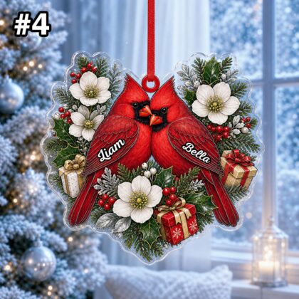 Custom Name Couple Cardinal Heart Personalized Ornament - Image 6