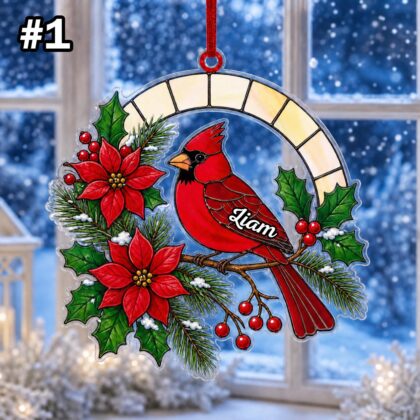 Custom Name Red Cardinal Poinsettia Personalized Ornament - Image 3