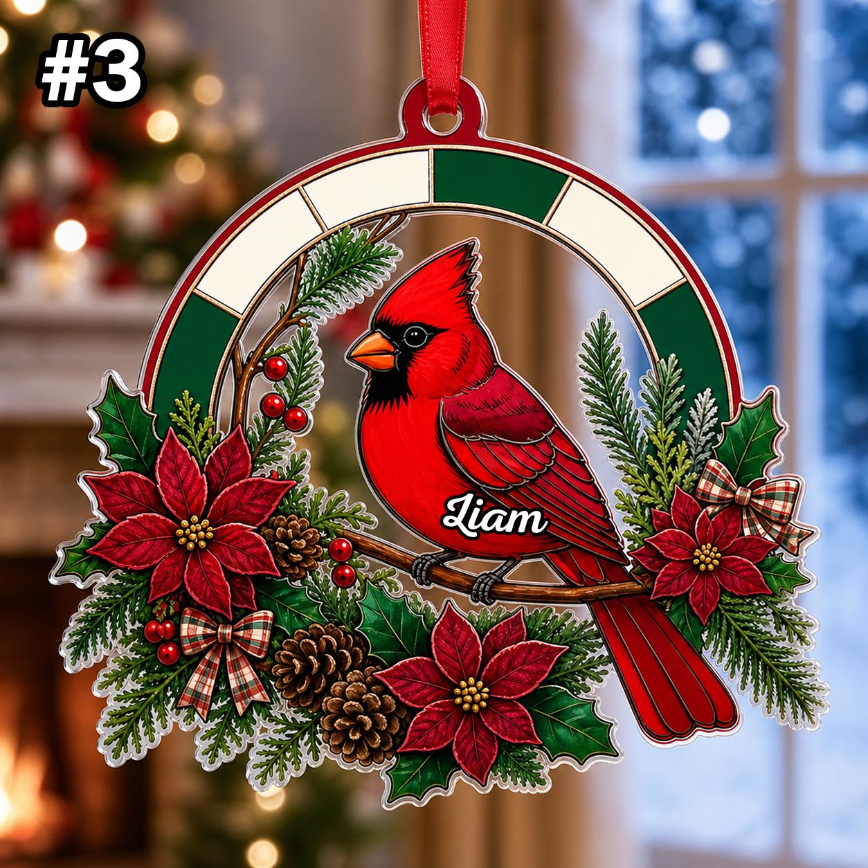 Custom Name Red Cardinal Poinsettia Personalized Ornament - Image 5