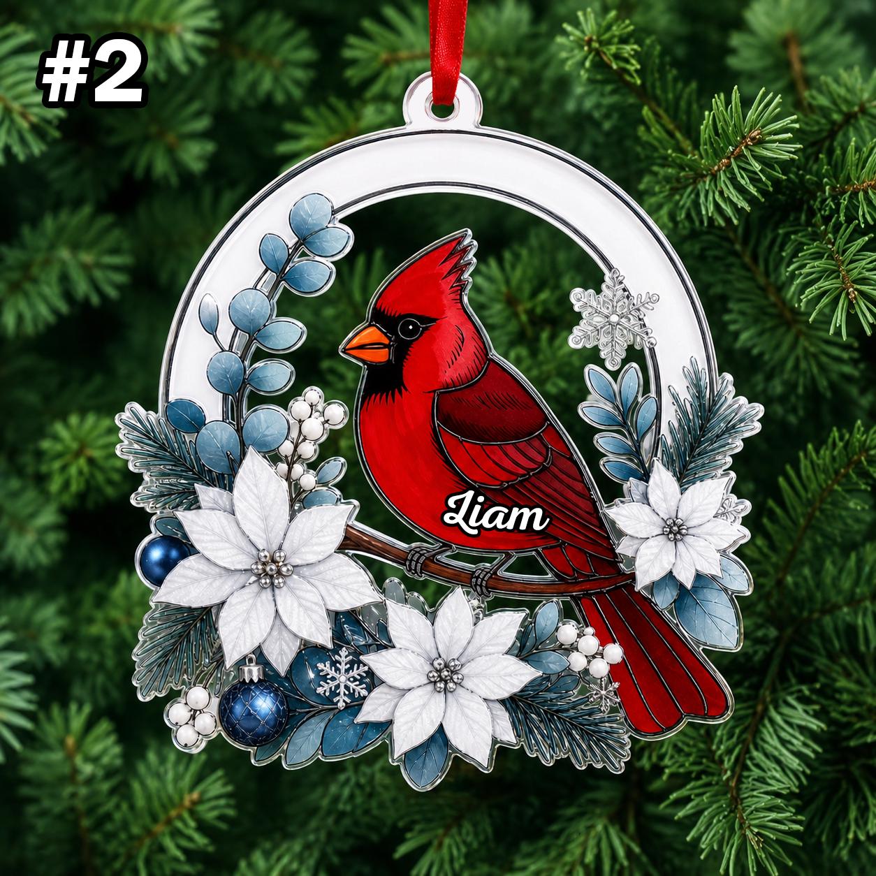 Custom Name Red Cardinal Poinsettia Personalized Ornament - Image 4