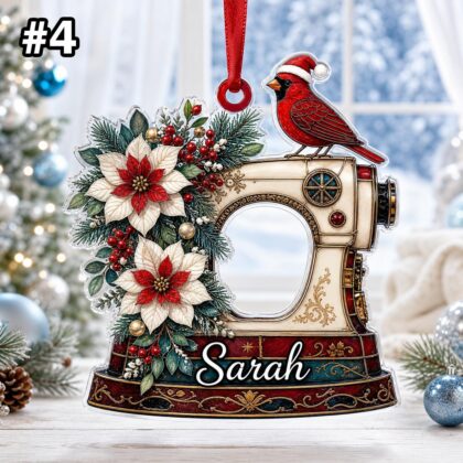 Custom Name Sewing Machine and Cardinal Ornament – Christmas Tree Car Hanging Decor - Image 6
