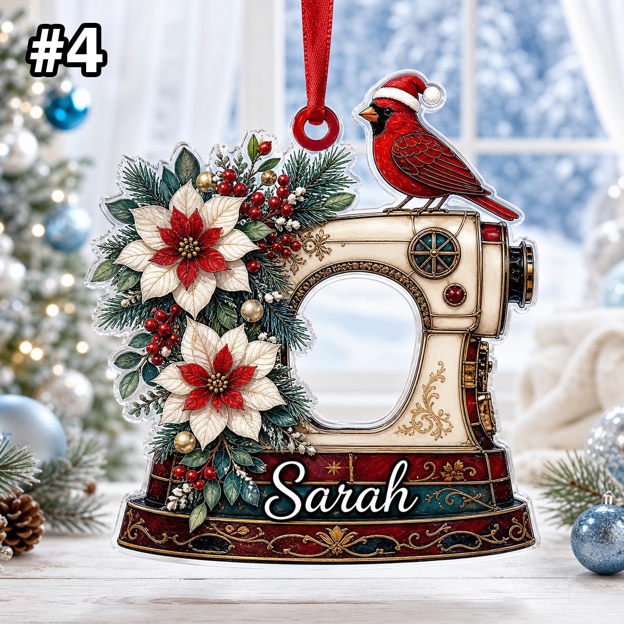 Custom Name Sewing Machine and Cardinal Ornament – Christmas Tree Car Hanging Decor - Image 6