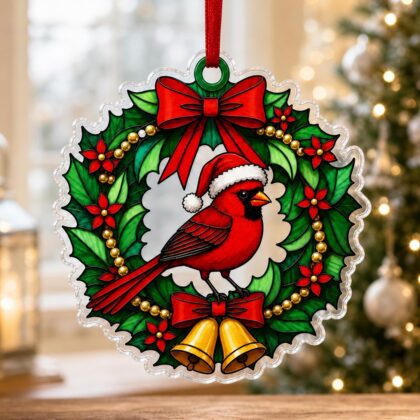Custom Name Cardinal Christmas Wreath Ornament – Xmas Tree Car Hanging Decor