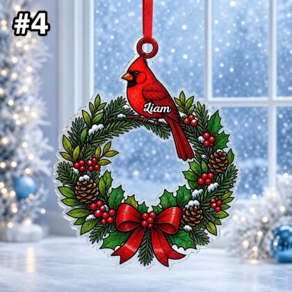 Custom Name Cardinal Christmas Wreath Ornament – Xmas Tree Car Hanging Decor - Image 6