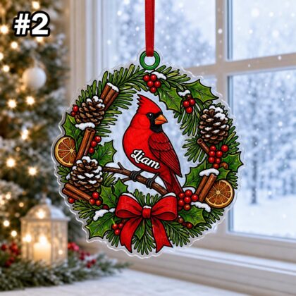 Custom Name Cardinal Christmas Wreath Ornament – Xmas Tree Car Hanging Decor - Image 4