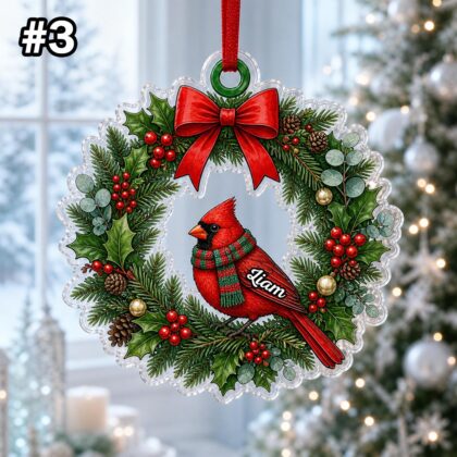 Custom Name Cardinal Christmas Wreath Ornament – Xmas Tree Car Hanging Decor - Image 5