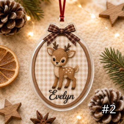 Alternative view of Custom Woodland Animal Acrylic Hoop Ornament – Personalized Bear Fox Bunny Deer Christmas Nursery Tree