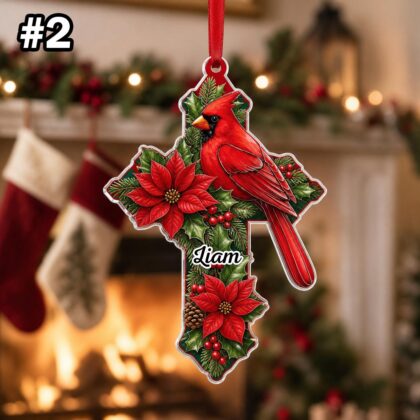 Custom Name Cardinal Cross Personalized Ornament – Christmas Tree Car Hanging Decor - Image 4
