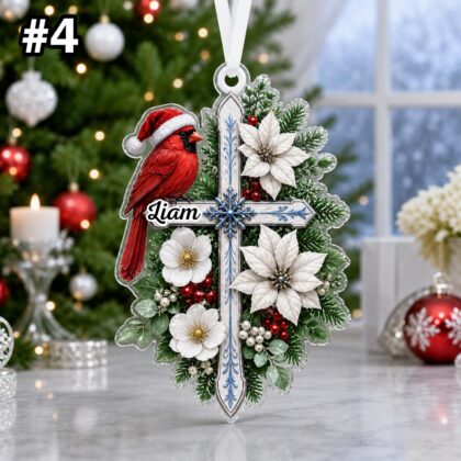 Custom Name Cardinal Cross Personalized Ornament – Christmas Tree Car Hanging Decor - Image 6
