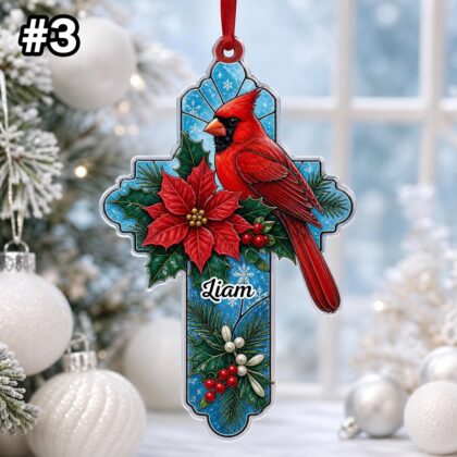 Custom Name Cardinal Cross Personalized Ornament – Christmas Tree Car Hanging Decor - Image 5