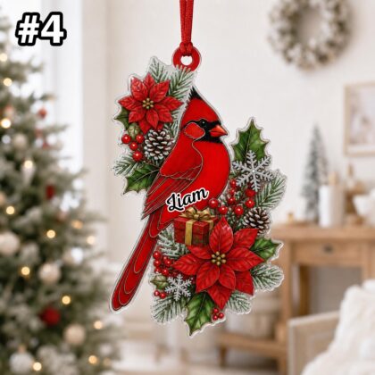 Custom Name Red Cardinal Poinsettia Ornament – Christmas Tree Car Hanging Decor - Image 6