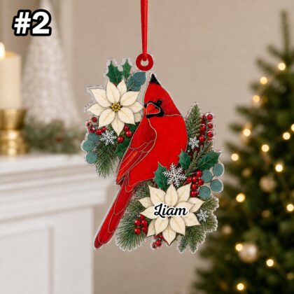 Custom Name Red Cardinal Poinsettia Ornament – Christmas Tree Car Hanging Decor - Image 4
