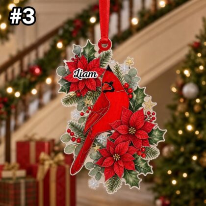 Custom Name Red Cardinal Poinsettia Ornament – Christmas Tree Car Hanging Decor - Image 5