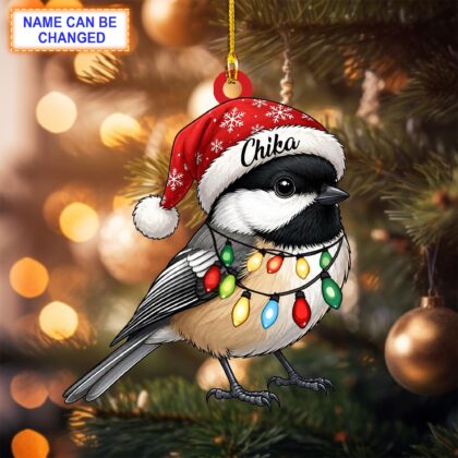 Custom Name Chickadee Bird With Santa Hat and Christmas Lights Ornament