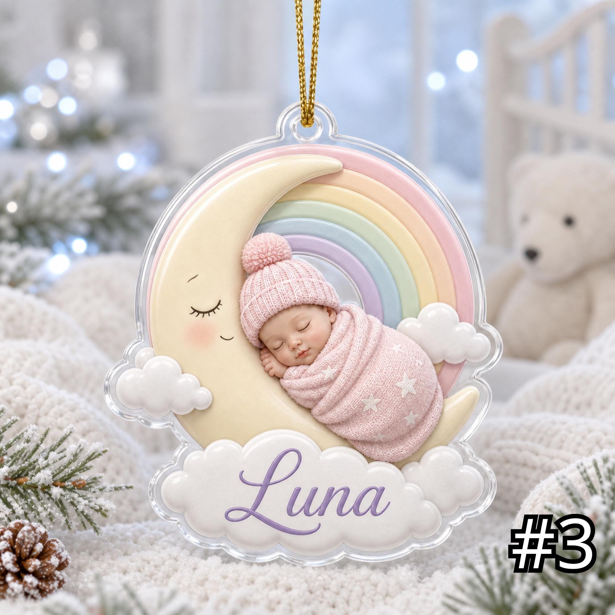 Personalized Sleeping Baby Moon Acrylic Ornament – Custom Name First Christmas Gift - Image 3