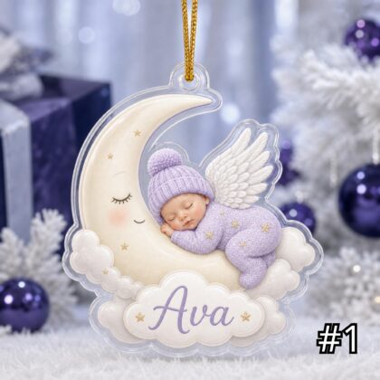 Personalized Sleeping Baby Moon Acrylic Ornament – Custom Name First Christmas Gift