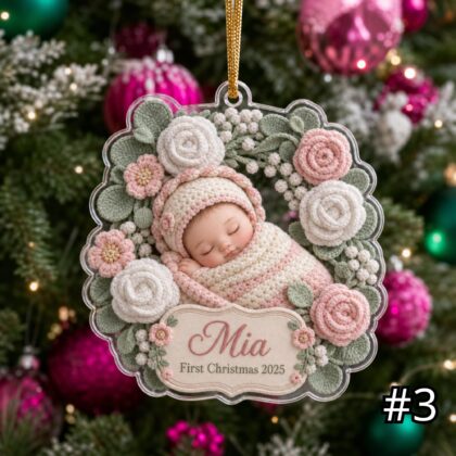 Personalized Sleeping Baby Ornament – Floral Baby First Christmas 2026 - Image 3