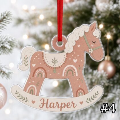 Boho Rocking Horse Ornament – Custom Baby Name Acrylic Christmas Keepsake - Image 4