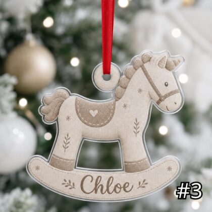 Boho Rocking Horse Ornament – Custom Baby Name Acrylic Christmas Keepsake - Image 3