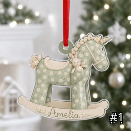 Boho Rocking Horse Ornament – Custom Baby Name Acrylic Christmas Keepsake