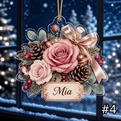 Personalized Floral Christmas Ornament – Pinecone Berries Bells Acrylic Keepsake - Image 4
