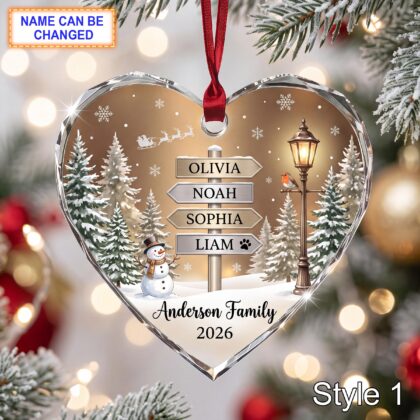 Personalized Family Glass Ornament – Custom Winter Signpost Keepsake with Family Names