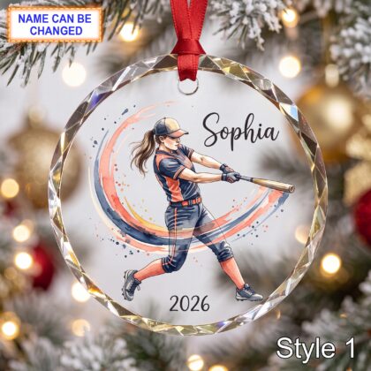 Personalized Softball Player Glass Ornament – Custom Female Athlete Keepsake