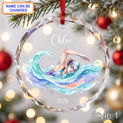 Personalized Swimming Glass Ornament – Custom Swim Athlete Keepsake