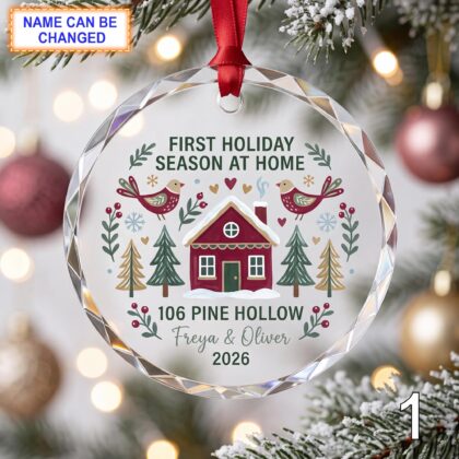 First Holiday Season at Home Glass Ornament – Personalized Red Cottage Keepsake