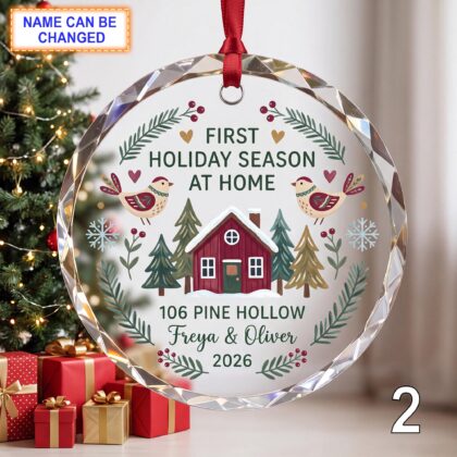 Alternative view of First Holiday Season at Home Glass Ornament – Personalized Red Cottage Keepsake