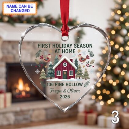 First Holiday Season at Home Glass Ornament – Personalized Red Cottage Keepsake - Image 3