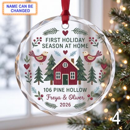 First Holiday Season at Home Glass Ornament – Personalized Red Cottage Keepsake - Image 4