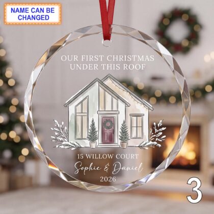 Our First Christmas Under This Roof Glass Ornament – Personalized White Farmhouse Keepsake - Image 3