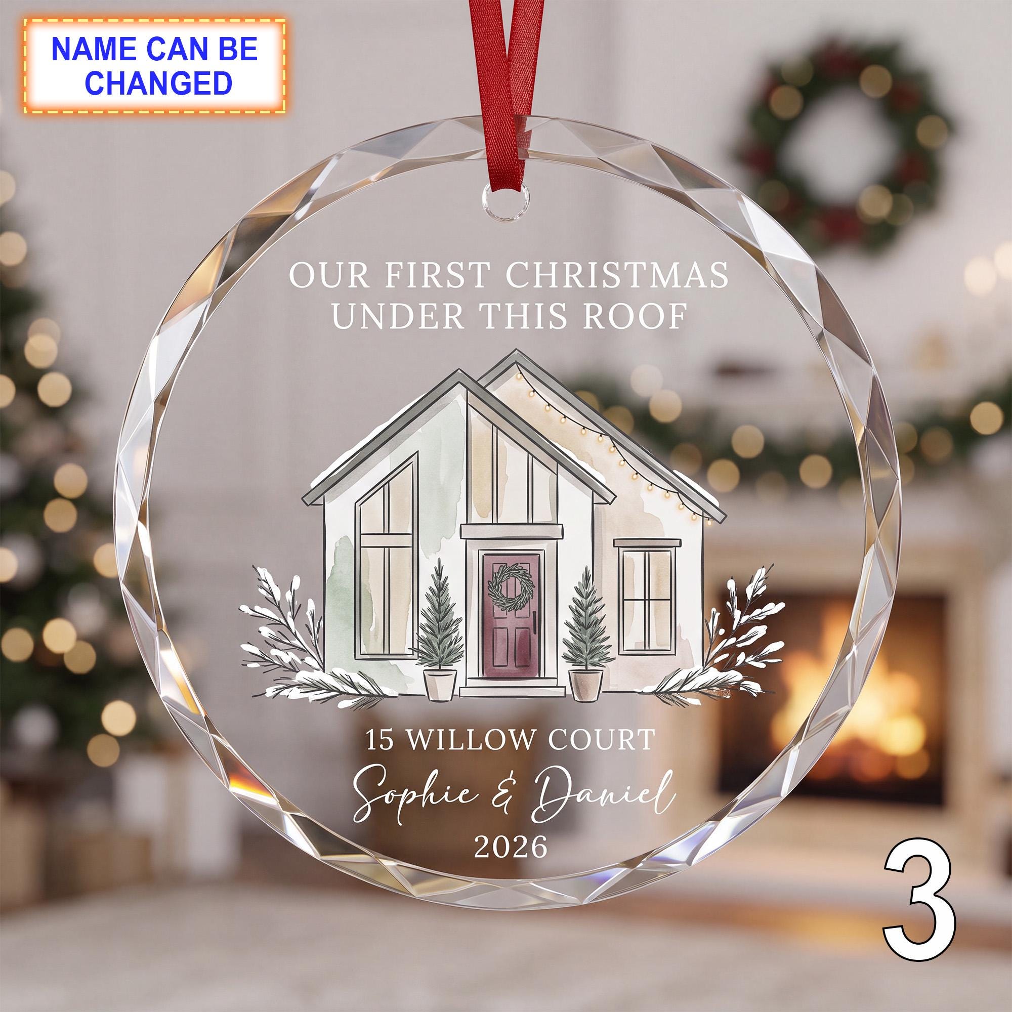 Our First Christmas Under This Roof Glass Ornament – Personalized White Farmhouse Keepsake - Image 3