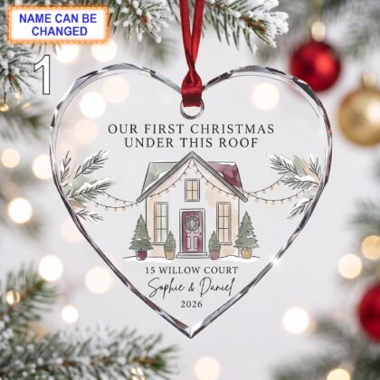 Our First Christmas Under This Roof Glass Ornament – Personalized White Farmhouse Keepsake