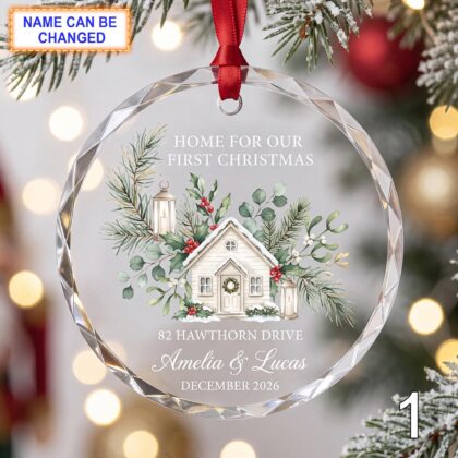 Home for Our First Christmas Glass Ornament – Personalized Cottage Keepsake