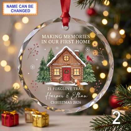 Alternative view of Making Memories in Our First Home Glass Ornament – Personalized Wooden Cabin Keepsake