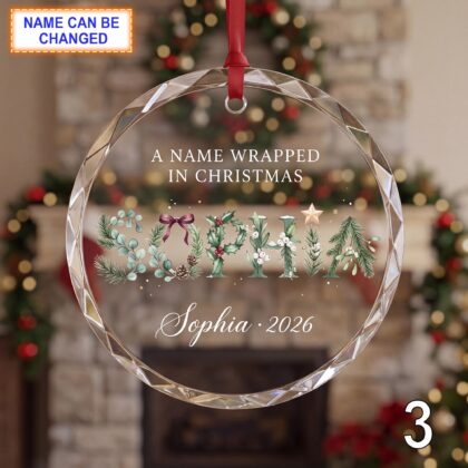 Christmas Glass Ornament – Custom Holiday Name Keepsake with Greenery Lettering - Image 3