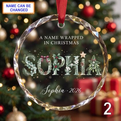 Alternative view of Christmas Glass Ornament – Custom Holiday Name Keepsake with Greenery Lettering