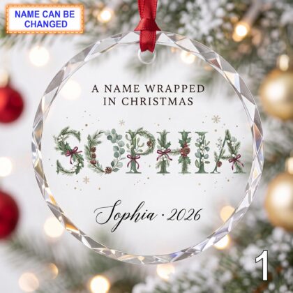 Christmas Glass Ornament – Custom Holiday Name Keepsake with Greenery Lettering