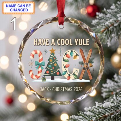 Have a Cool Yule Christmas Glass Ornament – Custom Ski Keepsake with Candy Canes